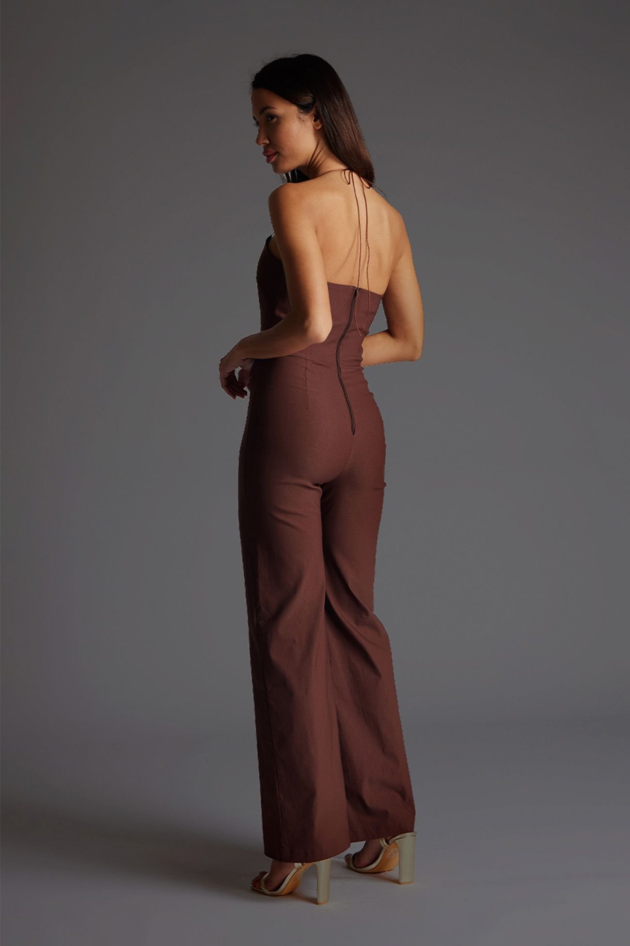Vesper Vesper Women's Tie Neck Wide Leg Jumpsuit in Chocolate - 3