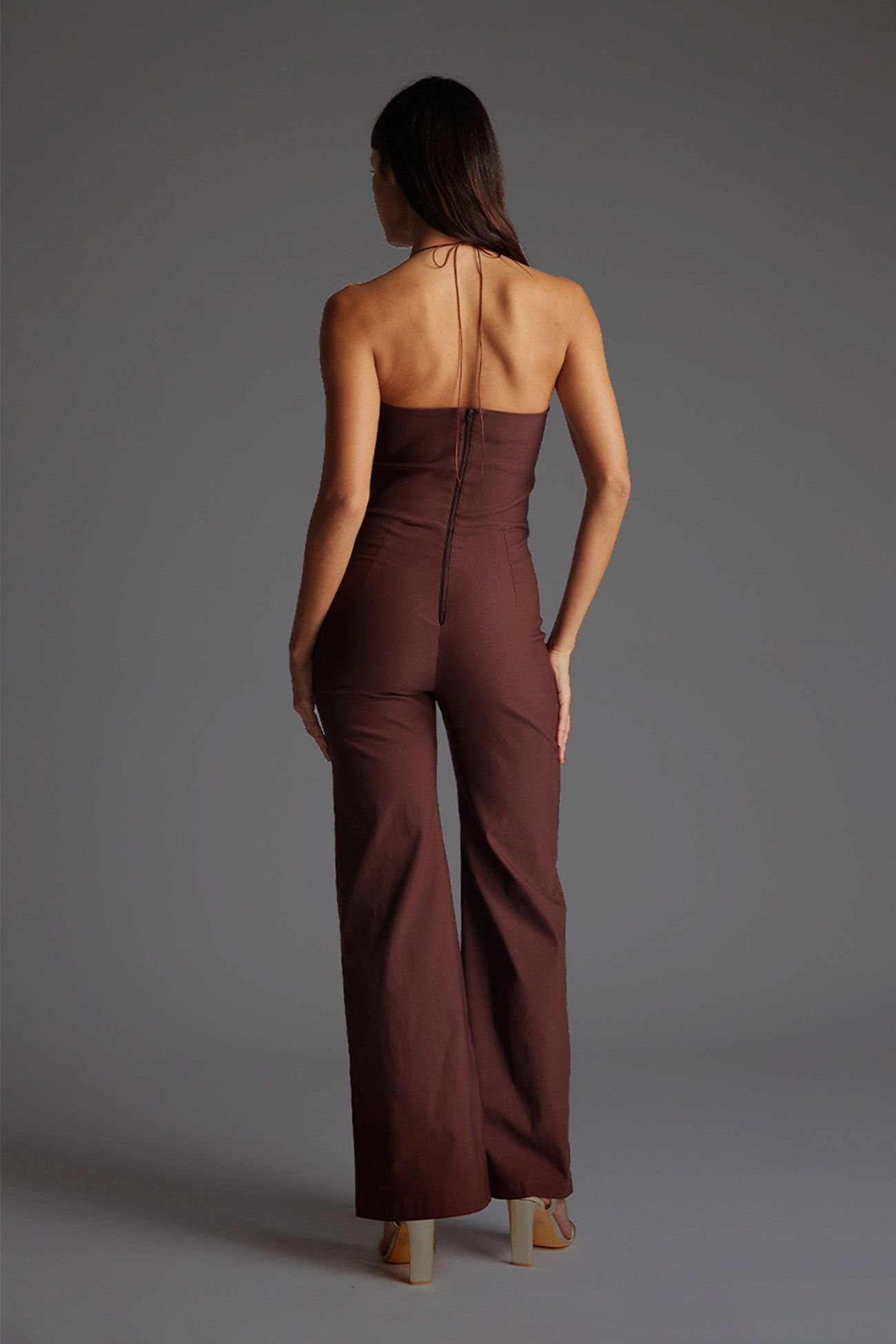 Vesper Vesper Women's Tie Neck Wide Leg Jumpsuit in Chocolate - 4