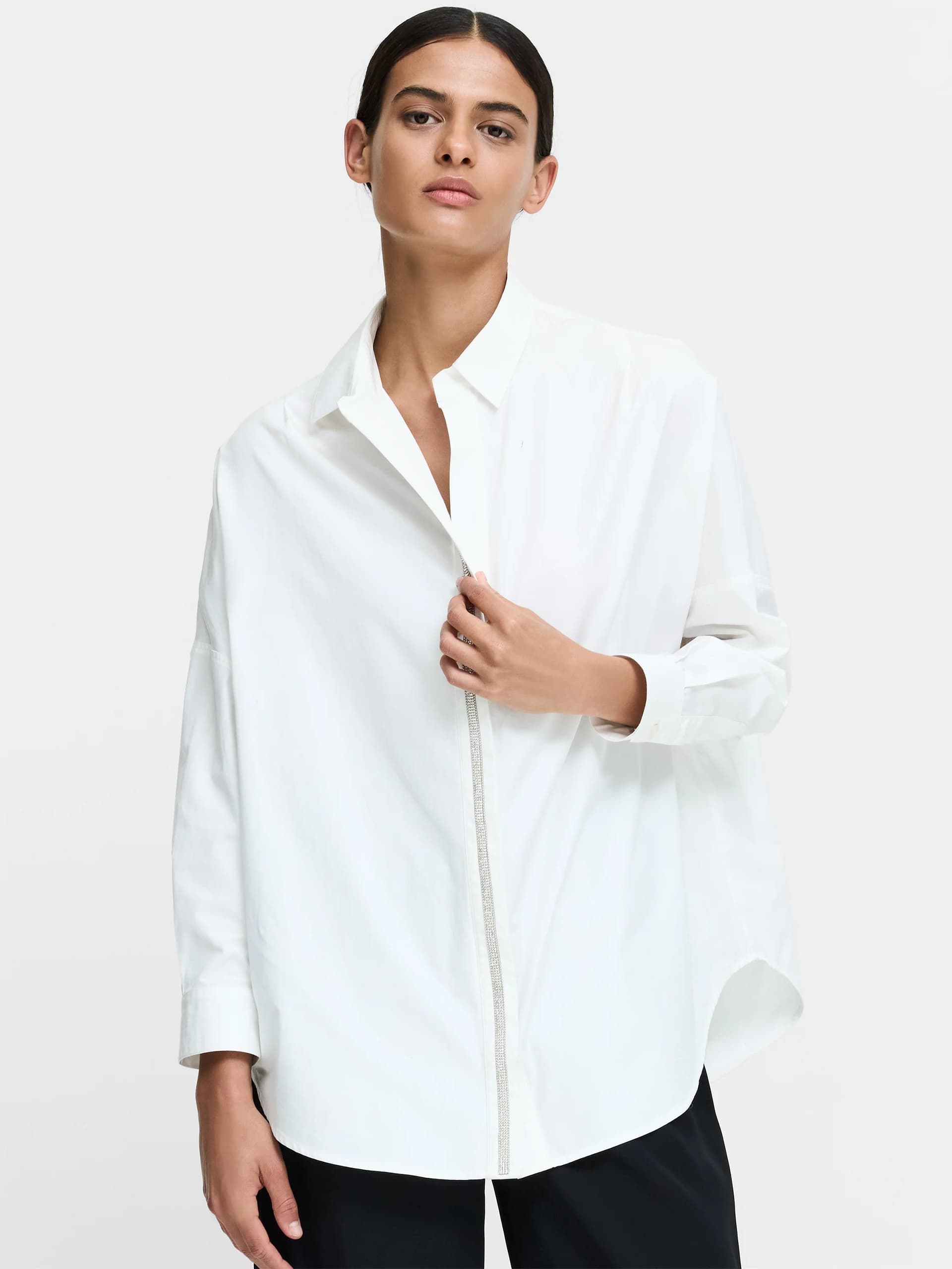 French Connection Lisa White Cotton Diamante Trim Shirt Linen White