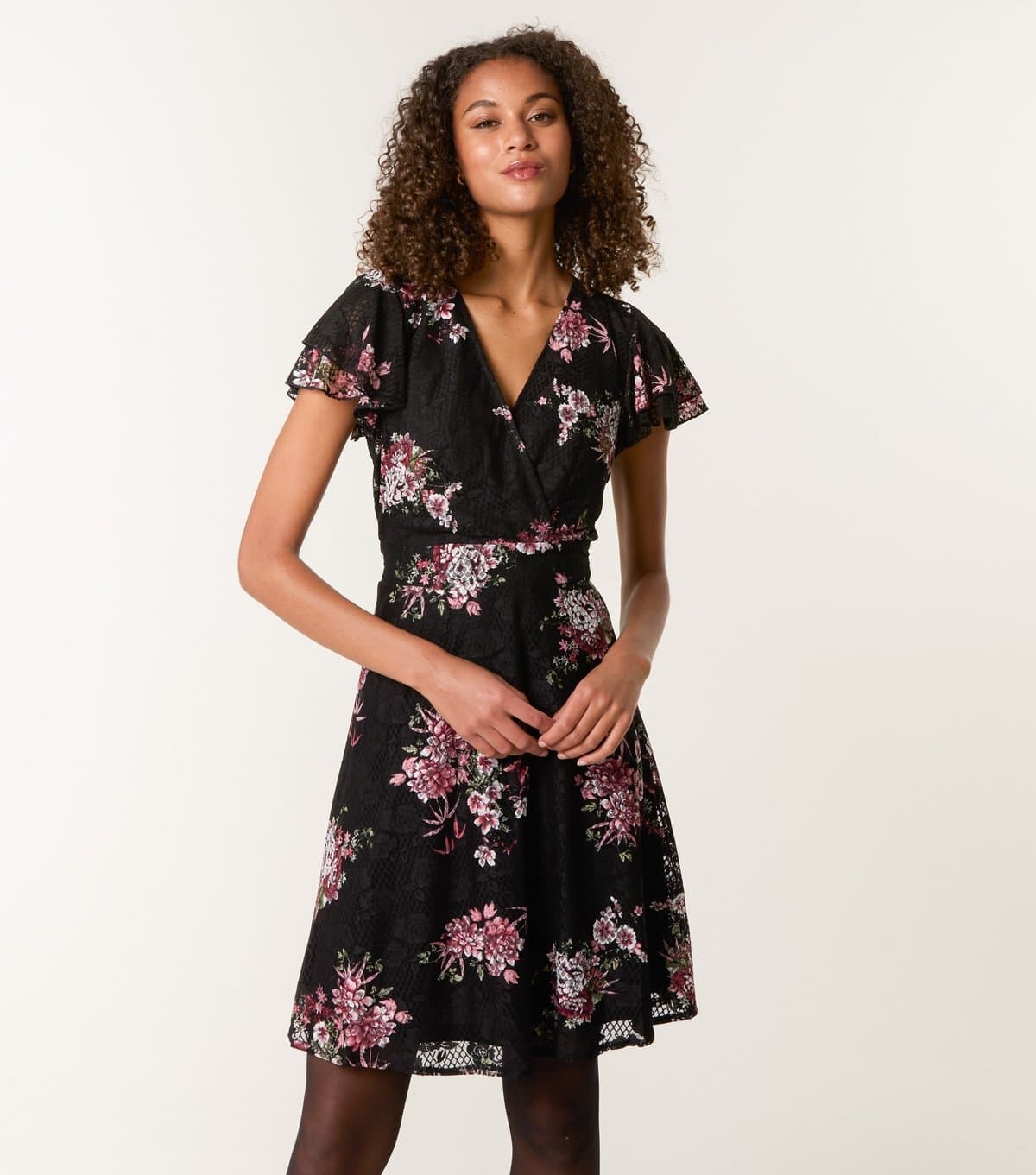 Blue Vanilla Women's Black Floral Mesh Wrap Style Mini Dress Blue Vanilla New Look