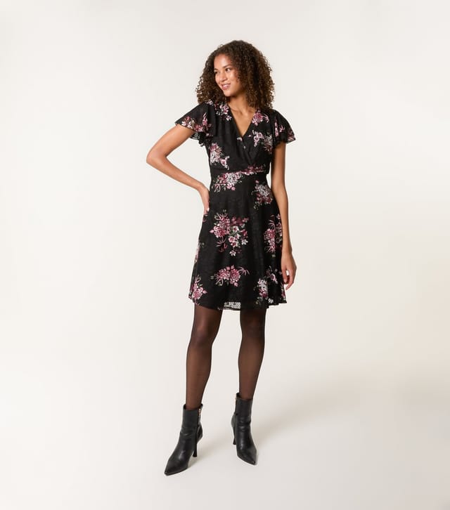 Blue Vanilla Women's Black Floral Mesh Wrap Style Mini Dress Blue Vanilla New Look - 2
