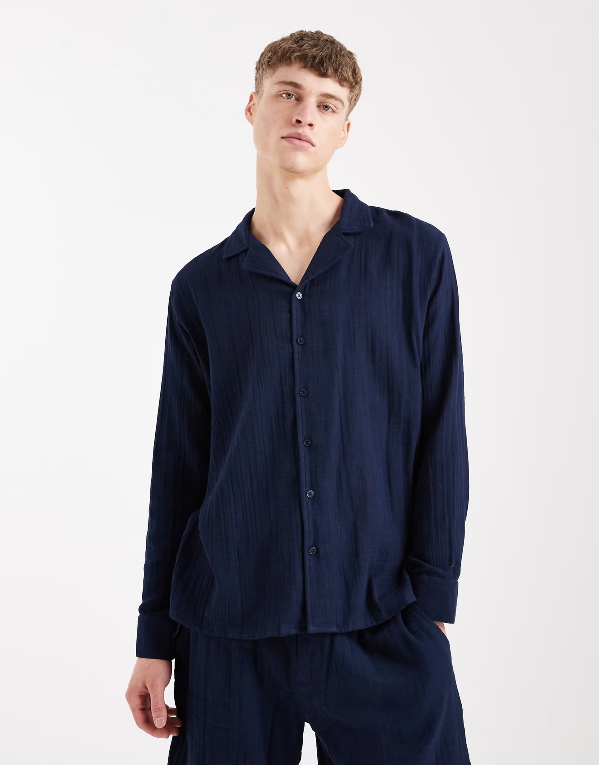 ASOS Sol Beach waffle long sleeve beach shirt co-ord in navy