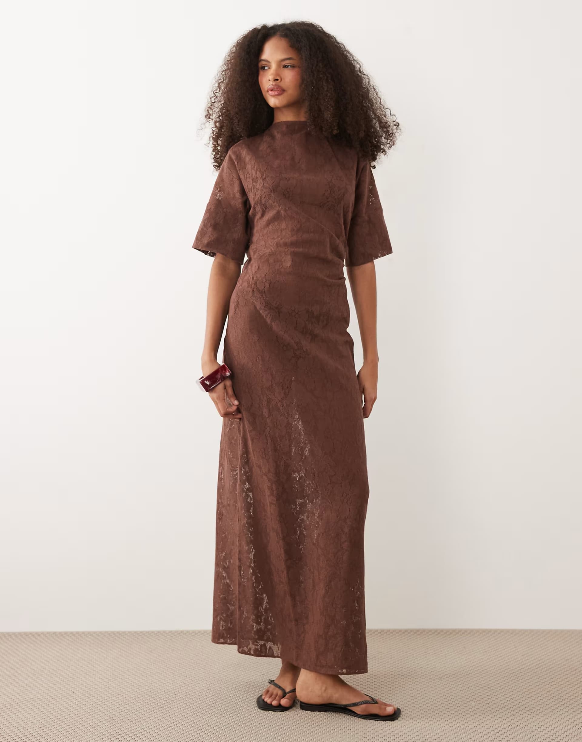ASOS Pretty Lavish Suvi crochet t-shirt maxi dress in brown
