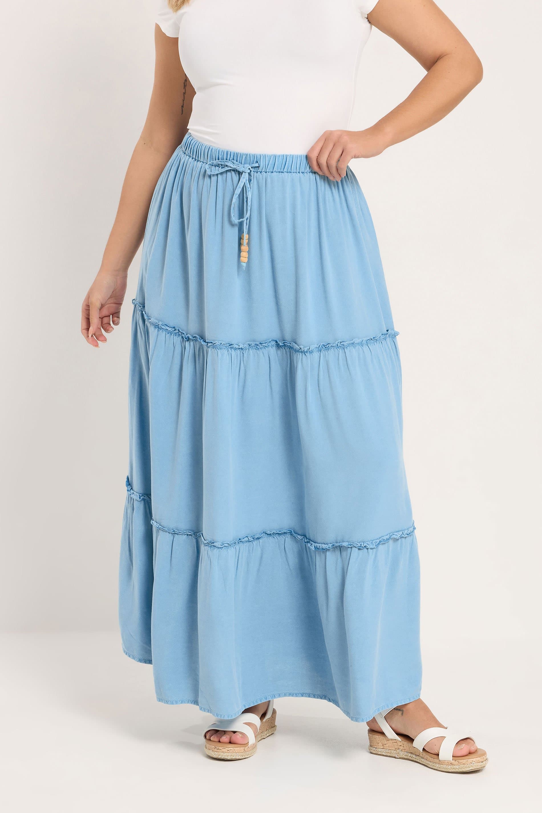 Yours Plus Size Blue Chambray Tiered Maxi Skirt