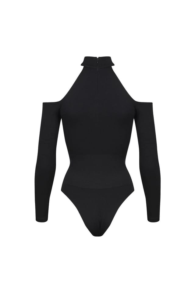 Ruey Ruey Women's Essentials Cold Shoulder Bodysuit Sculpting Stretch Fit in Black - 2