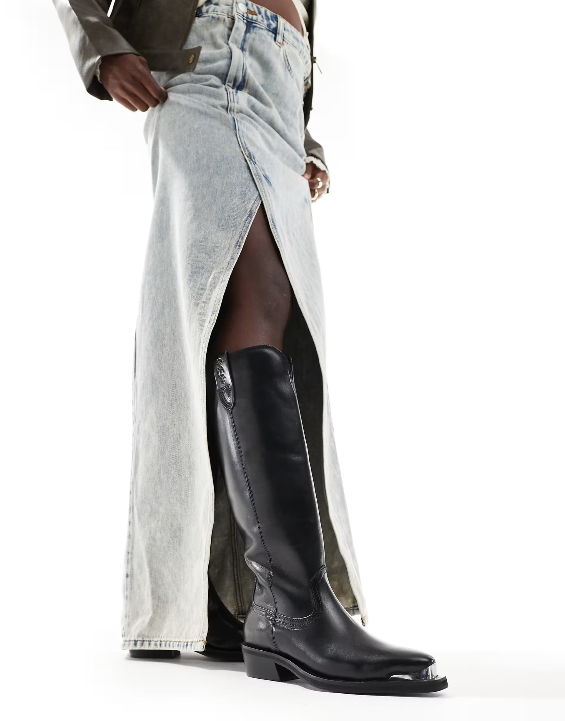 ASOS OFF THE HOOK ACTON leather knee high biker boots in black 