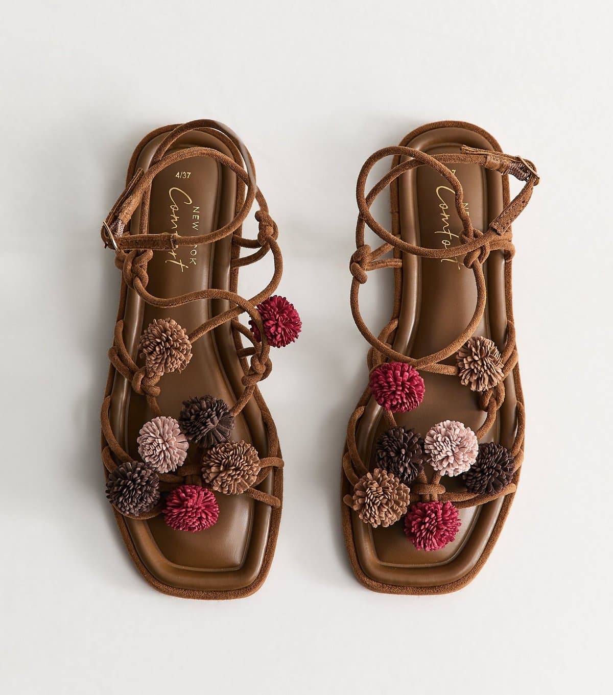 New Look Women's Tan Faux Suede Pom Pom Embellished Sandals Vegan New Look
