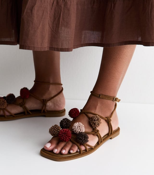 New Look Women's Tan Faux Suede Pom Pom Embellished Sandals Vegan New Look - 2