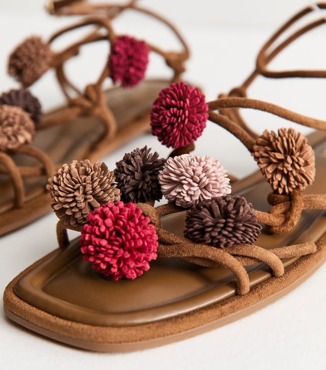 New Look Women's Tan Faux Suede Pom Pom Embellished Sandals Vegan New Look - 3