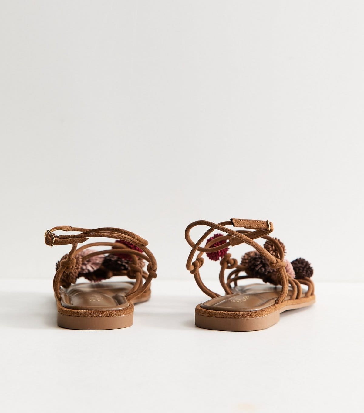 New Look Women's Tan Faux Suede Pom Pom Embellished Sandals Vegan New Look - 4