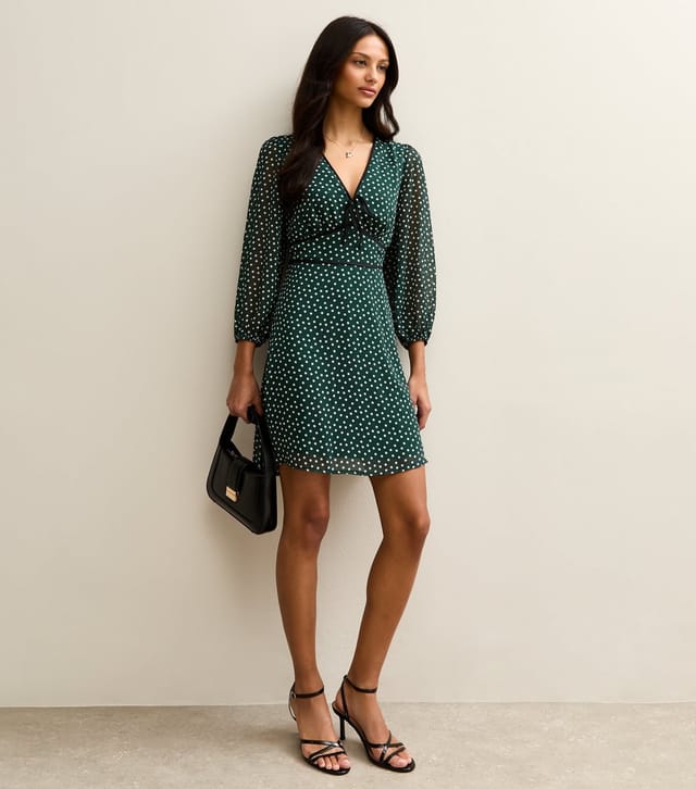 New Look Women's Green Polka Dot Long Sleeve mini Dress New Look - 3