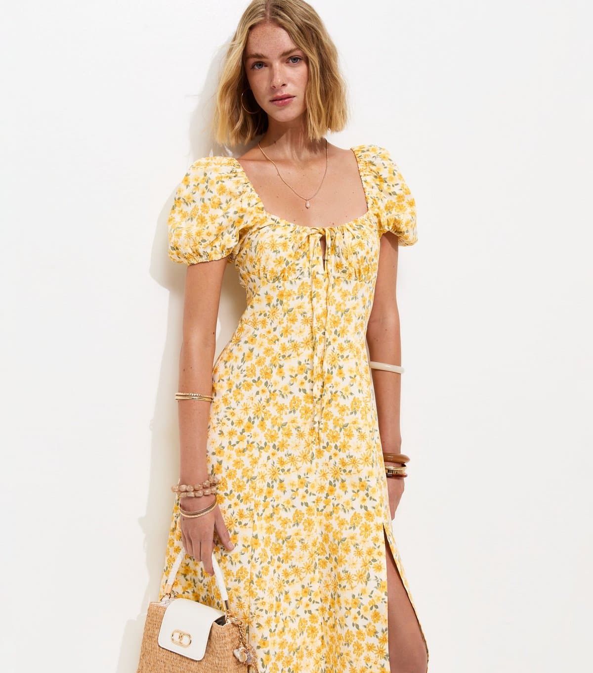 New Look Women's Yellow Floral Print Milkmaid Split Front Midi Dress New Look