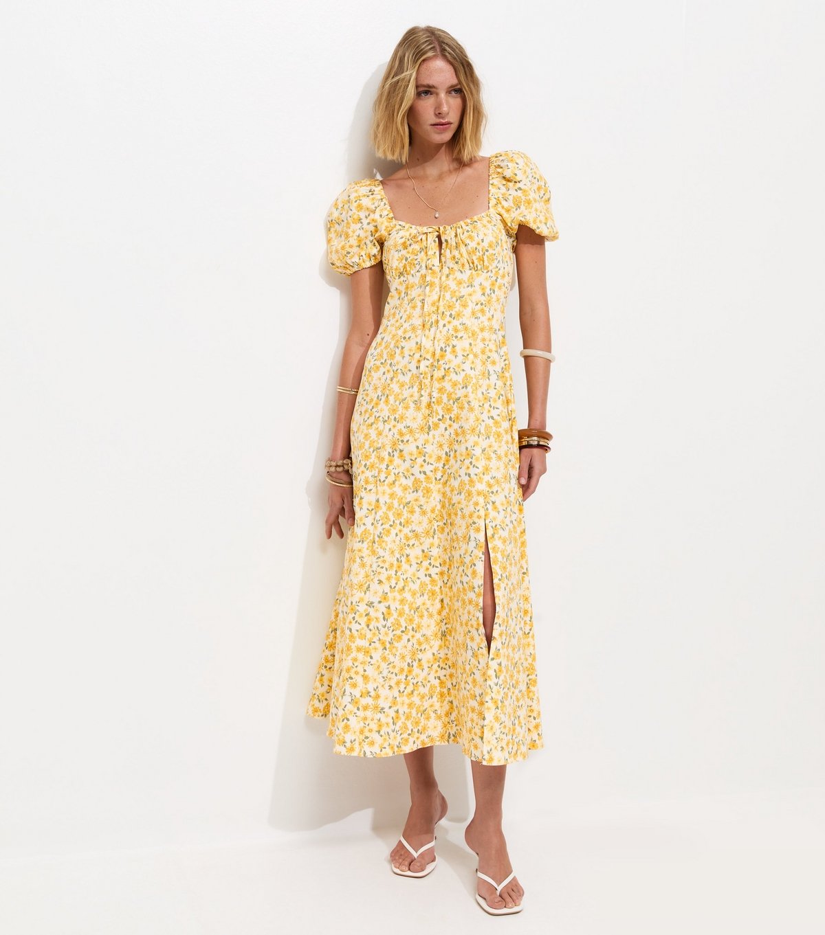 New Look Women's Yellow Floral Print Milkmaid Split Front Midi Dress New Look - 2