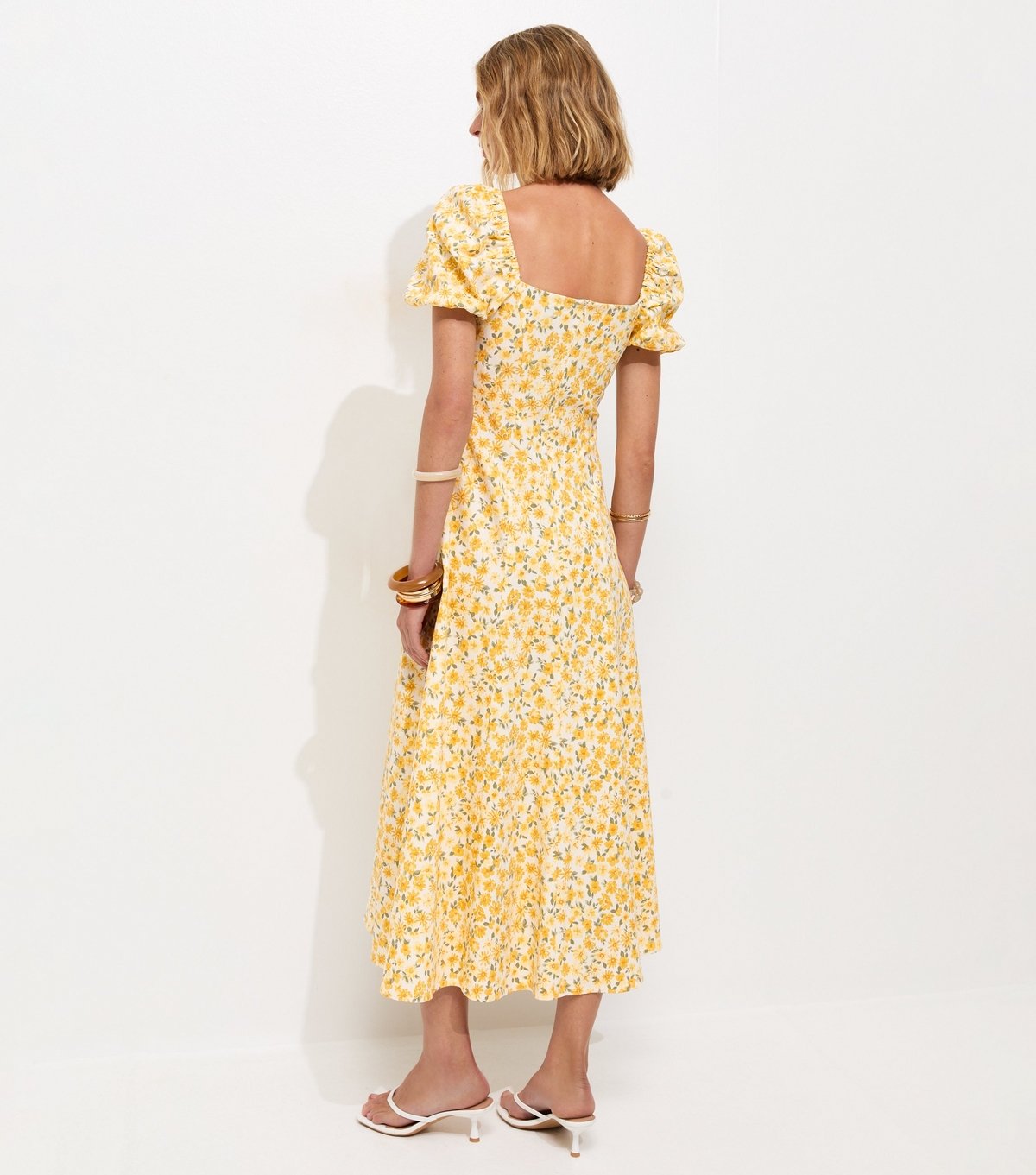 New Look Women's Yellow Floral Print Milkmaid Split Front Midi Dress New Look - 4