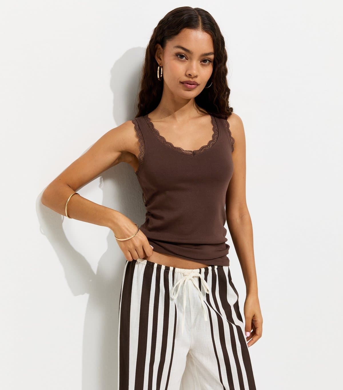 New Look New Look Dark Brown Lace Trim Vest Top