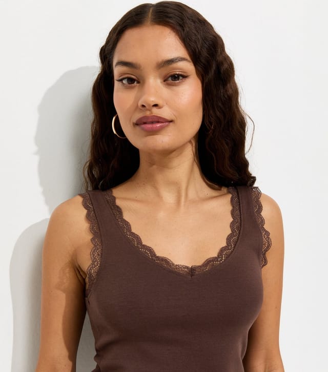 New Look Women's Petite Dark Brown Cotton Rich Lace Trim Vest Top New Look - 2