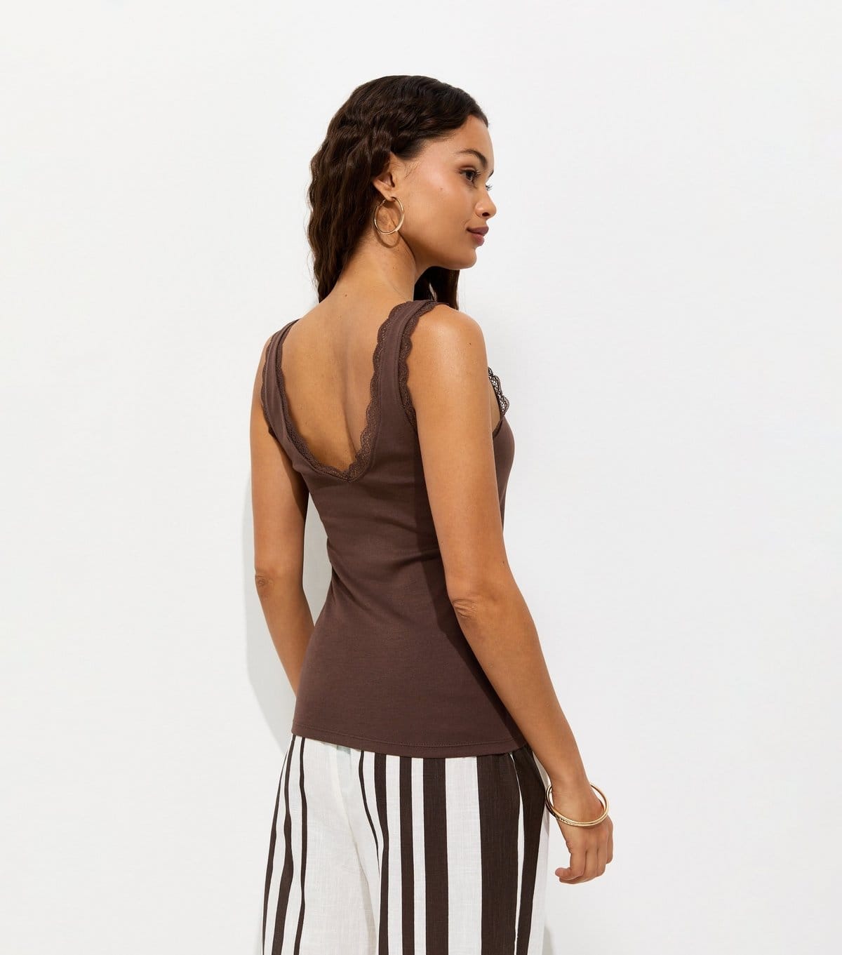 New Look Women's Petite Dark Brown Cotton Rich Lace Trim Vest Top New Look - 4