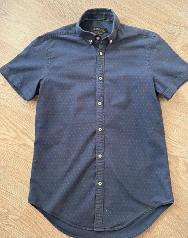 Zara Zara Man Slim Fit Short Sleeve Shirt Navy Blue Patterned Cotton Size S