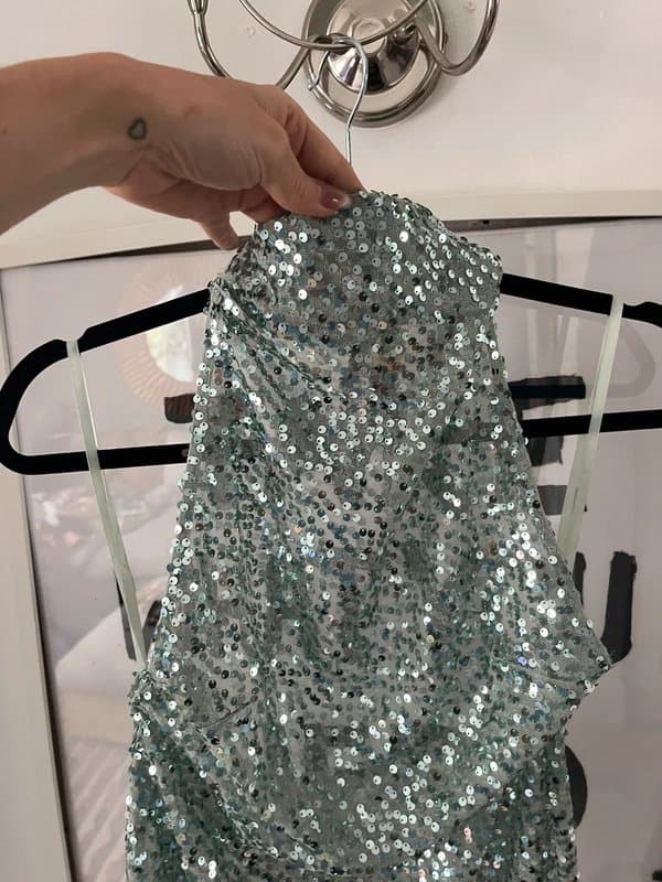 ASOS Design ASOS embellished sheer scatter sequin halter mini dress in ice blue, Ibiza, summer, holiday