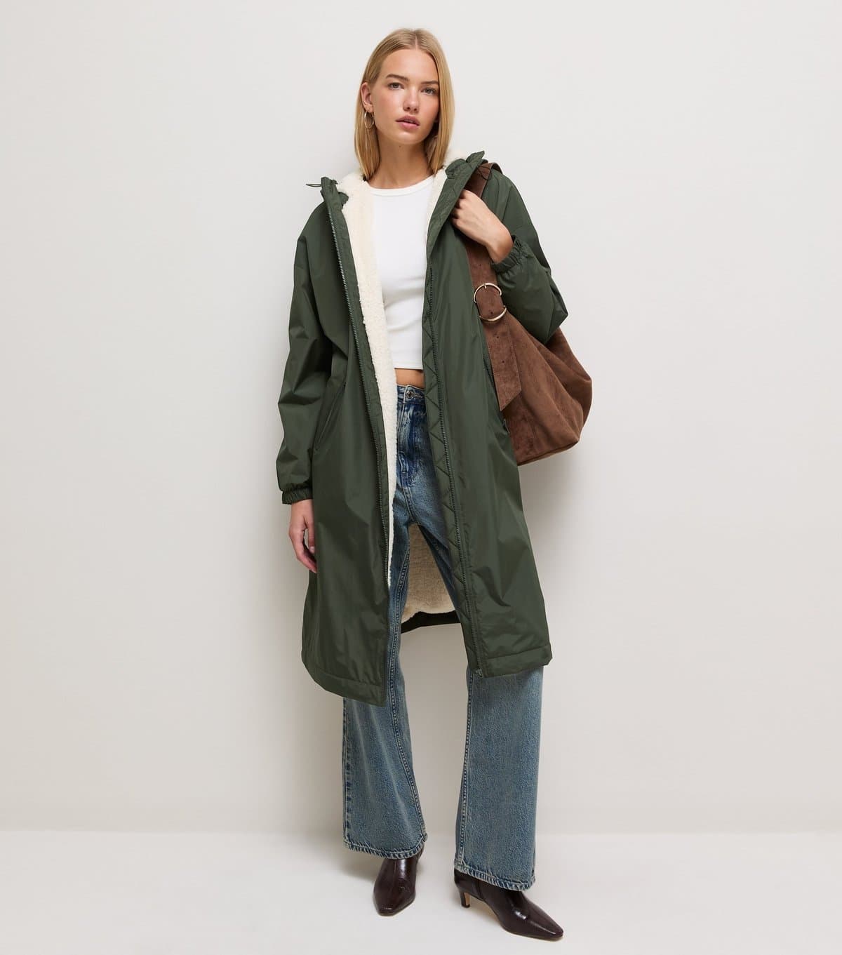 New Look Women's Dark Khaki Fleece Lined Long Line Raincoat New Look