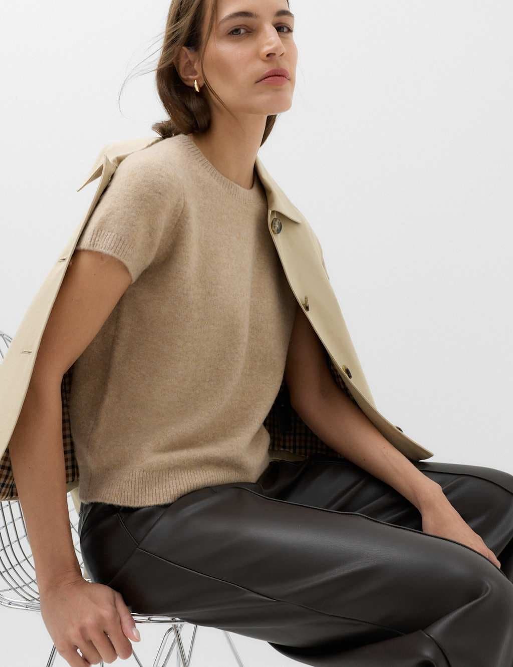 Marks & Spencer M&S Crew Neck Short Knitted Top With Wool Medium Beige