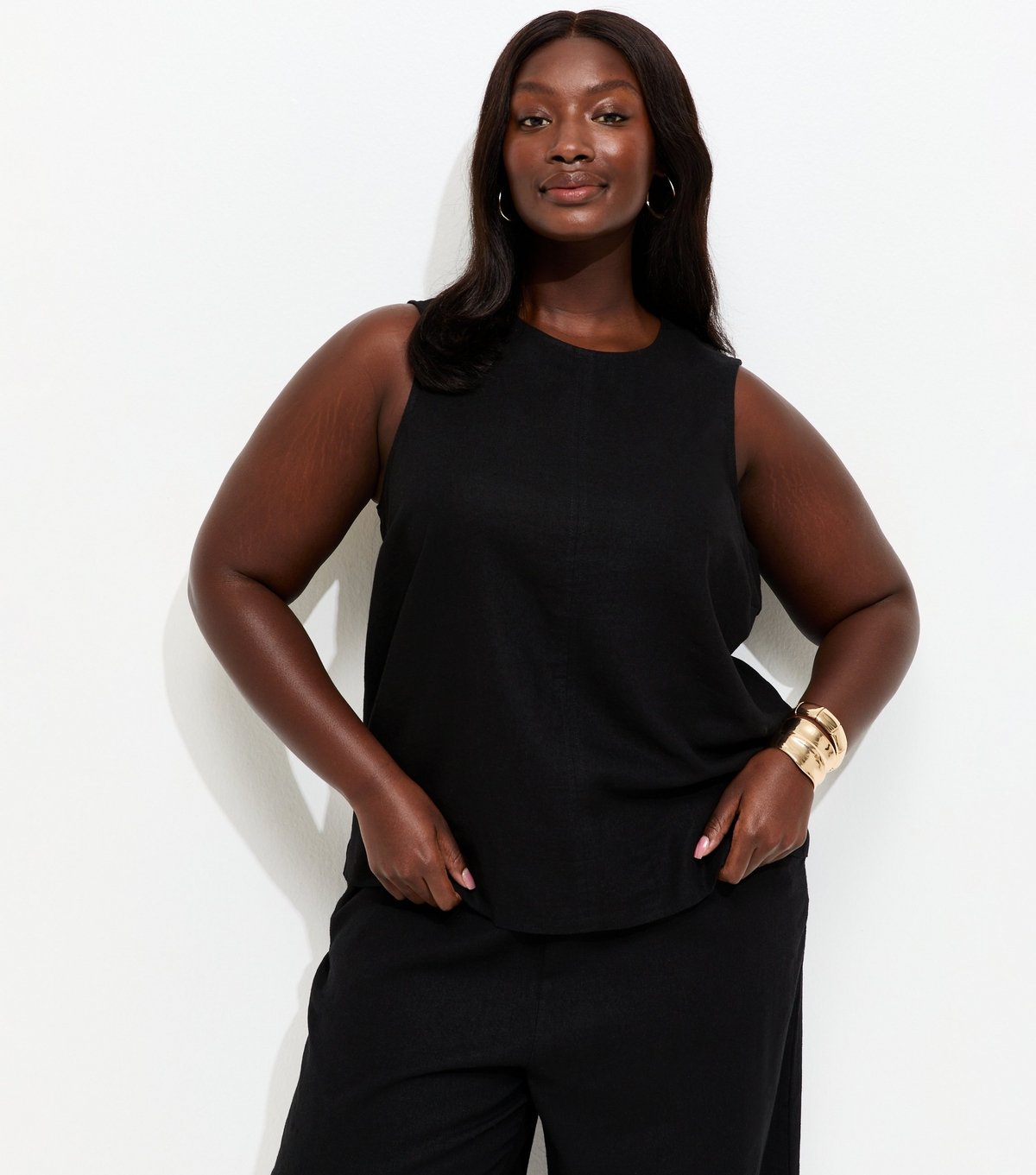 New Look Women's Plus Size Black Linen Blend Sleeveless Top Curves New Look - 2