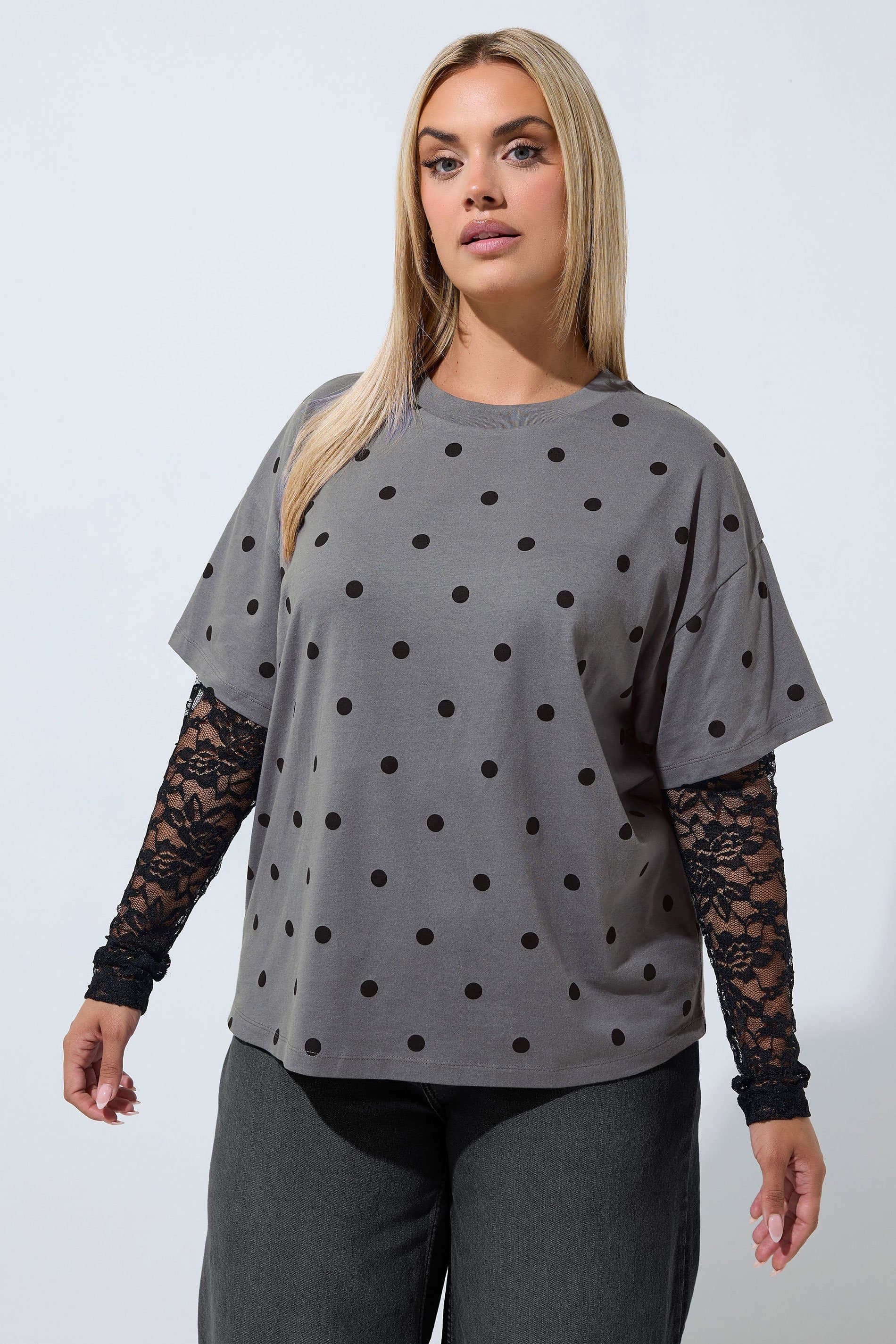 Limited Collection Plus Size Grey Polka Dot Lace Top