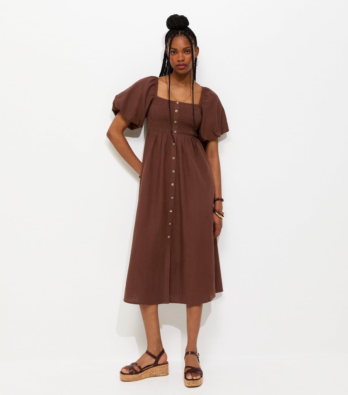 New Look Women's Brown Faux Button Milkmaid Midi Dress New Look