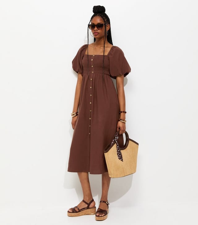New Look Women's Brown Faux Button Milkmaid Midi Dress New Look - 3