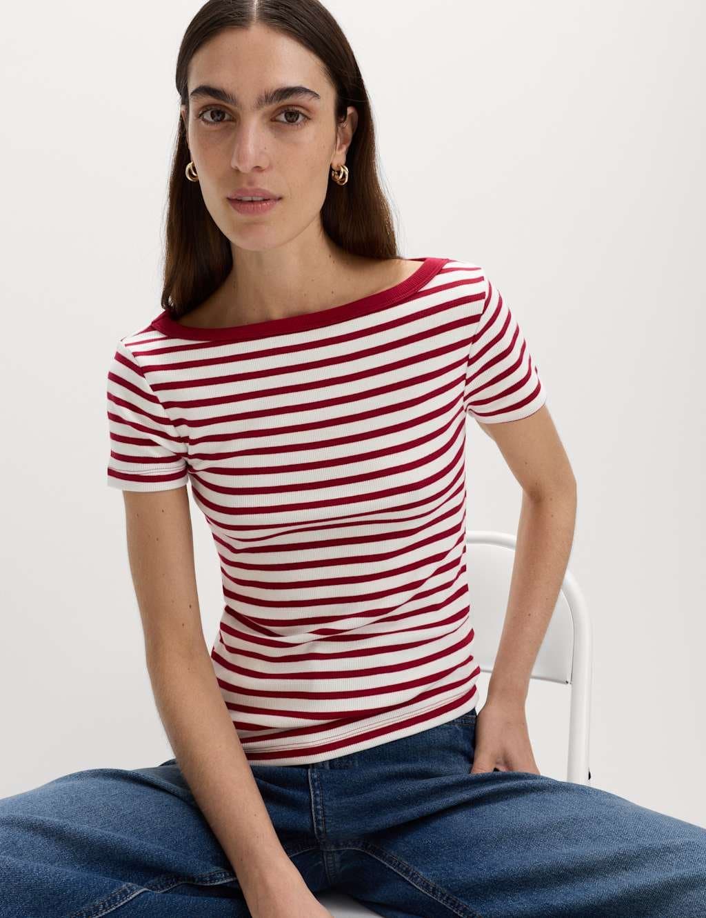 Marks & Spencer M&S Cotton Rich Ribbed Slash Neck T-Shirt Red Mix