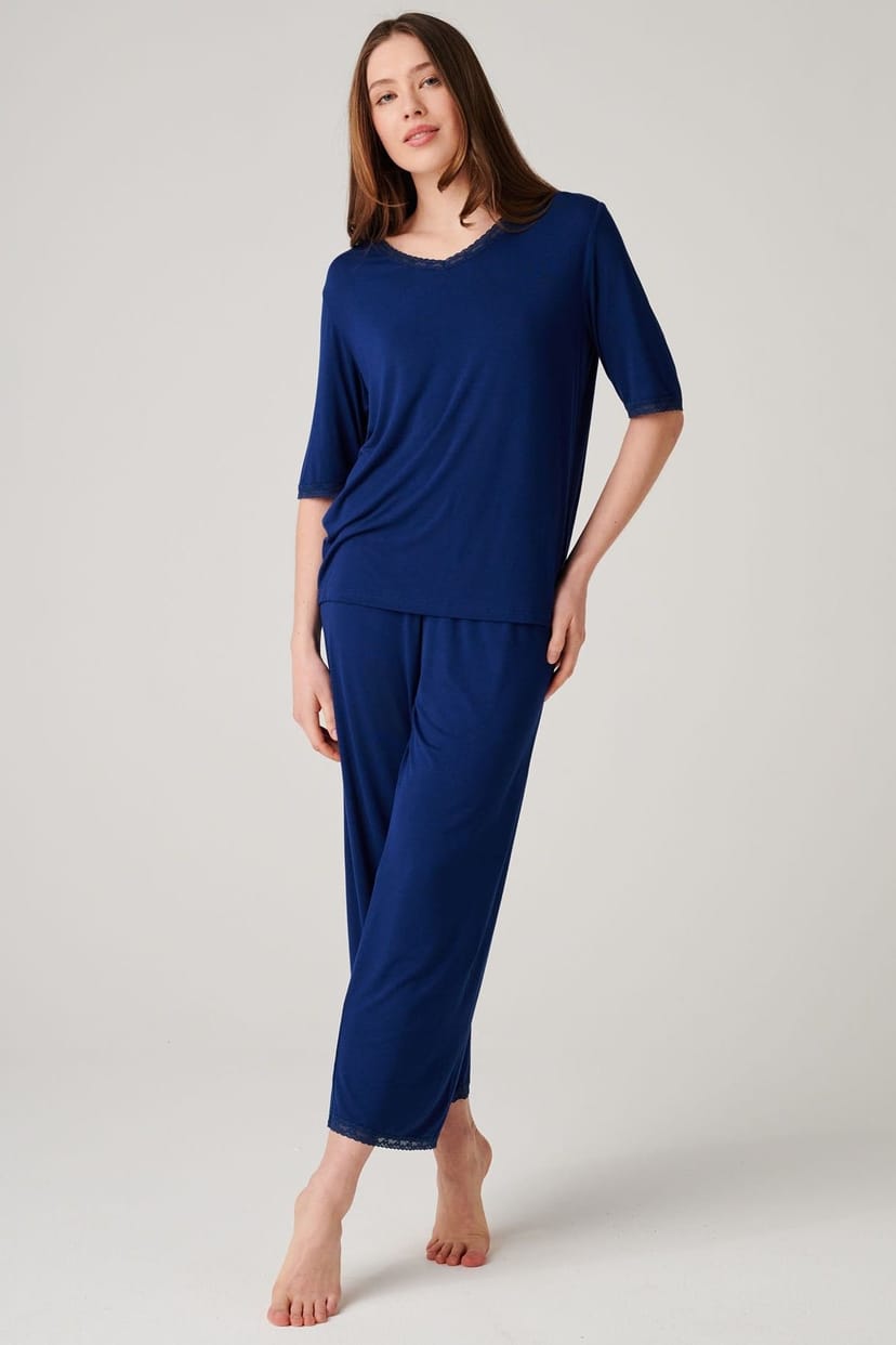 British Boxers British Boxers Women's "Navy Peony" Bamboo Lace Pyjama Set in Navy - 1