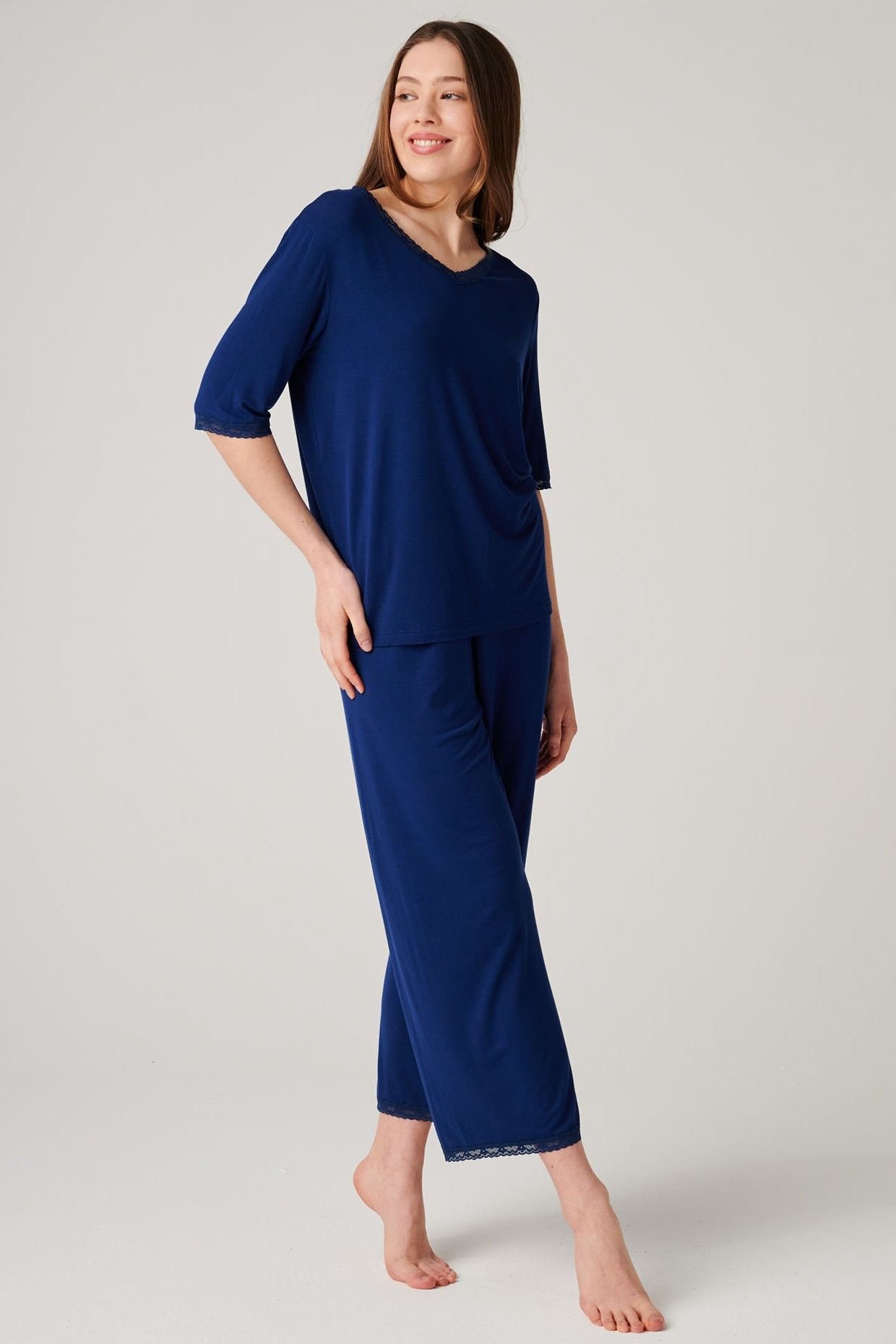 British Boxers British Boxers Women's "Navy Peony" Bamboo Lace Pyjama Set in Navy - 2