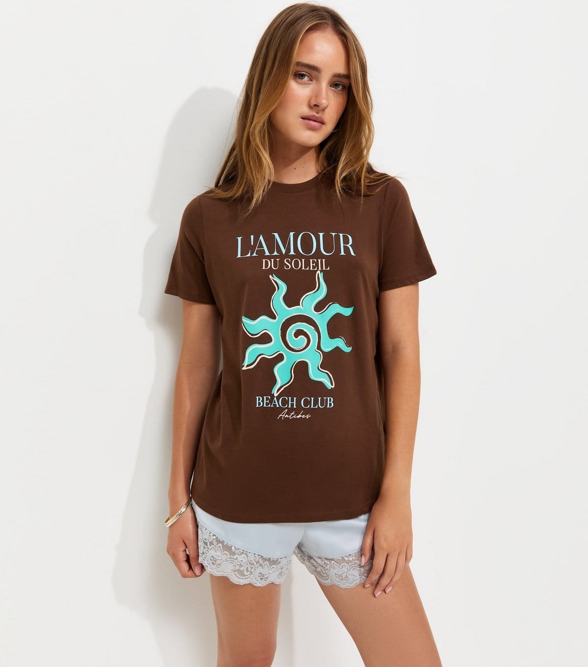 Women's Dark Brown Cotton Sun Print Crew Neck T-Shirt New Look