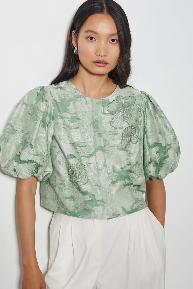 Monsoon Monsoon Women's Josie Puff Sleeve Floral Jacquard Top Green - 2