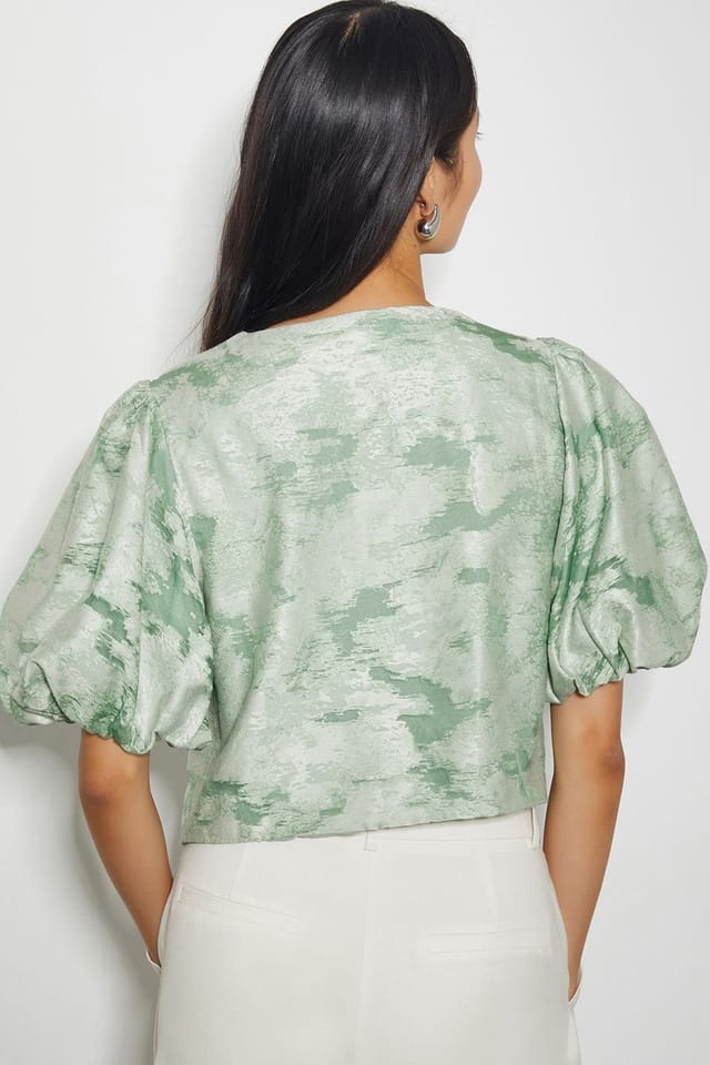Monsoon Monsoon Women's Josie Puff Sleeve Floral Jacquard Top Green - 3