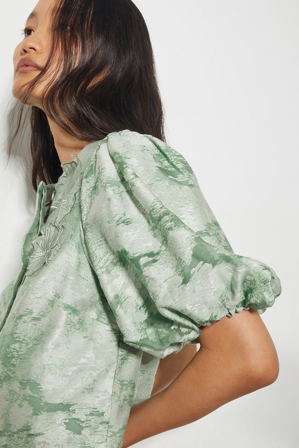 Monsoon Monsoon Women's Josie Puff Sleeve Floral Jacquard Top Green - 4