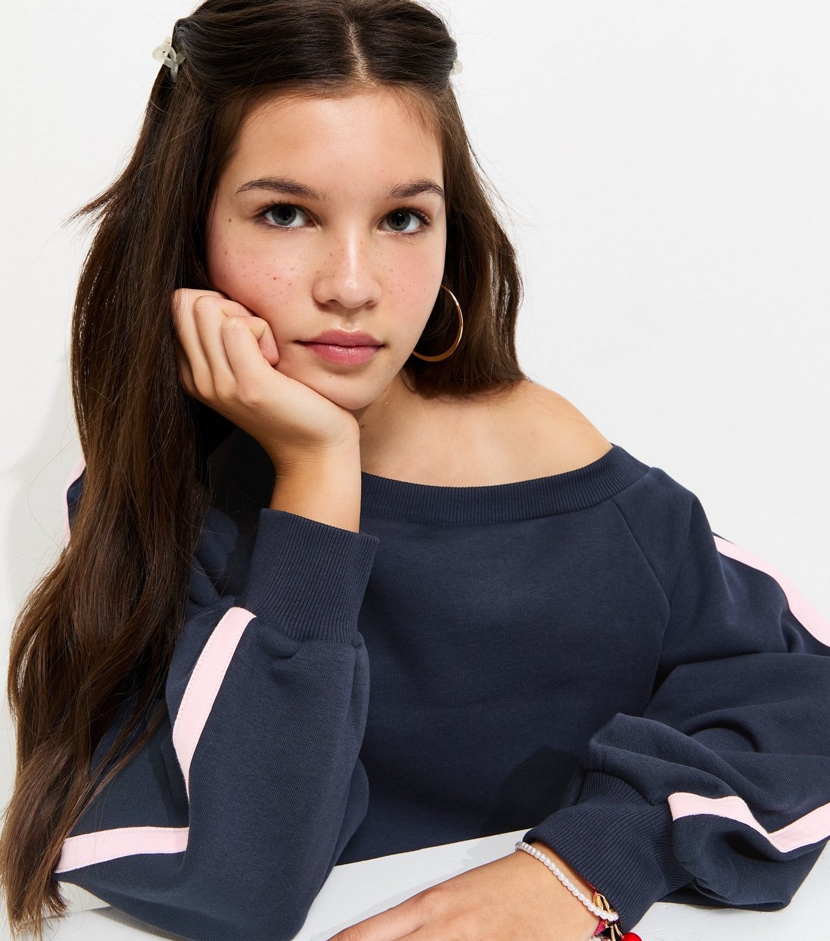 New Look Girls' Navy Off The Shoulder Side Stripe Sweatshirt New Look - 1