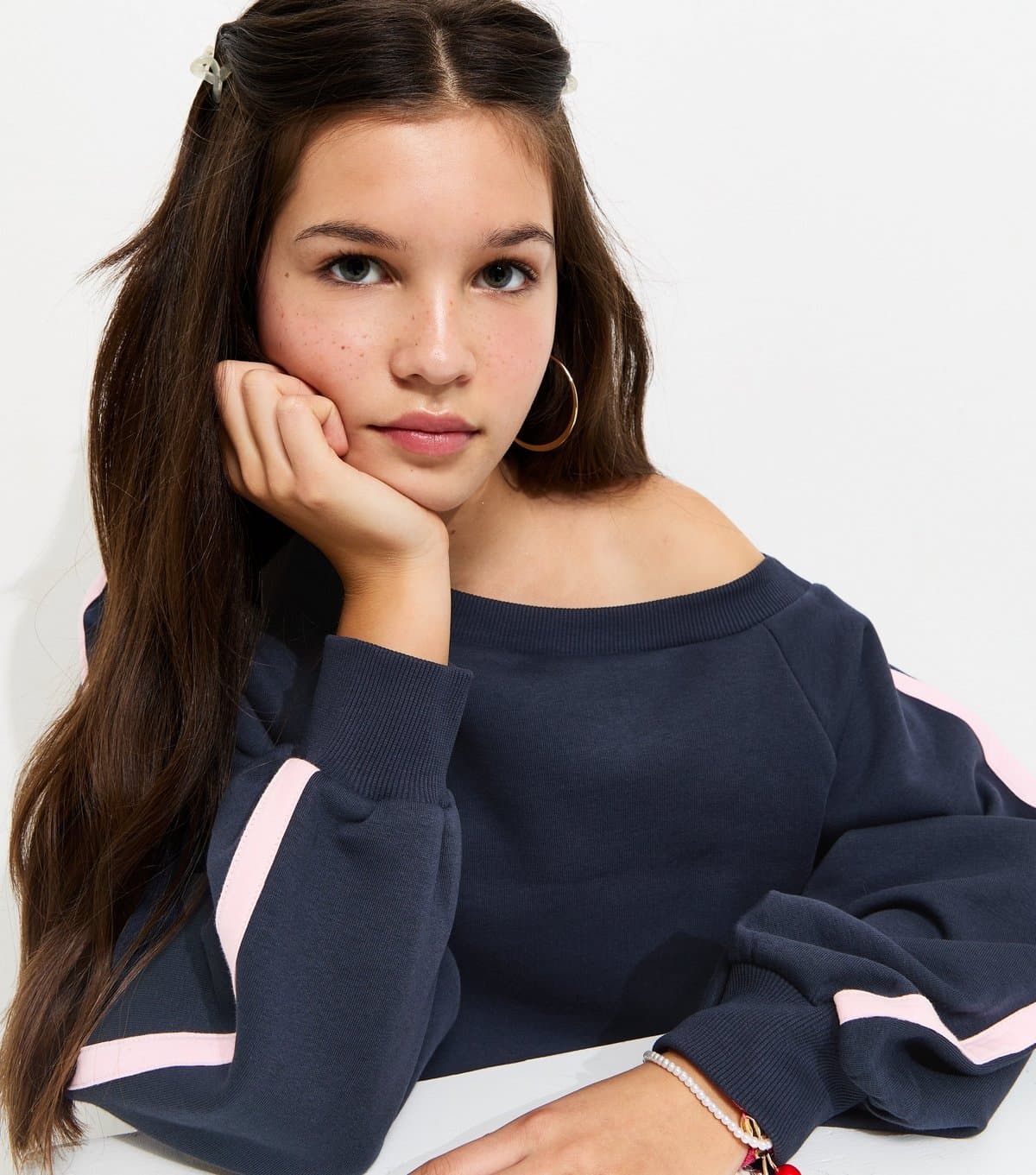 New Look Girls' Navy Off The Shoulder Side Stripe Sweatshirt New Look