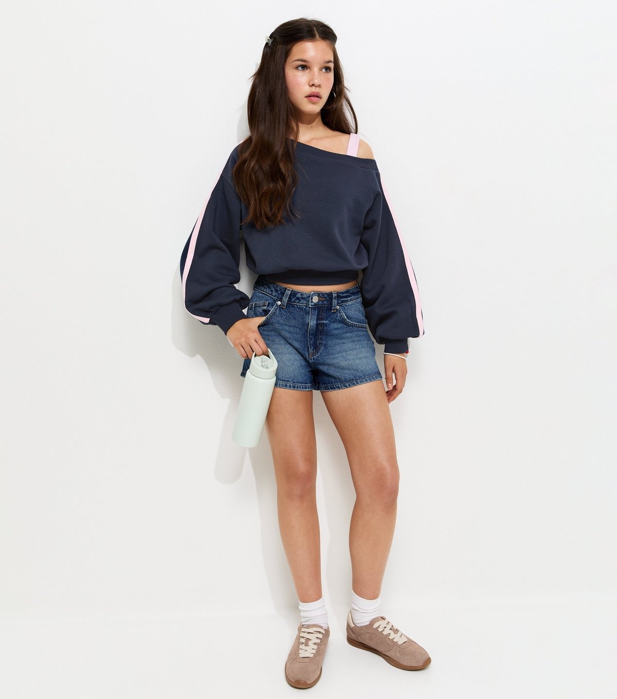 New Look Girls' Navy Off The Shoulder Side Stripe Sweatshirt New Look - 3