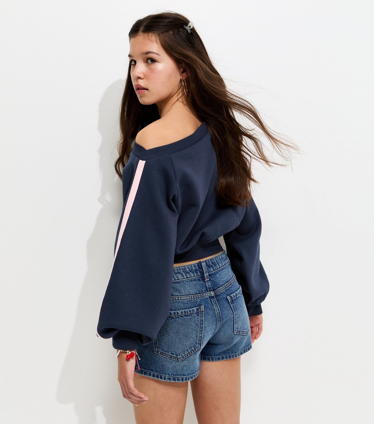 New Look Girls' Navy Off The Shoulder Side Stripe Sweatshirt New Look - 4