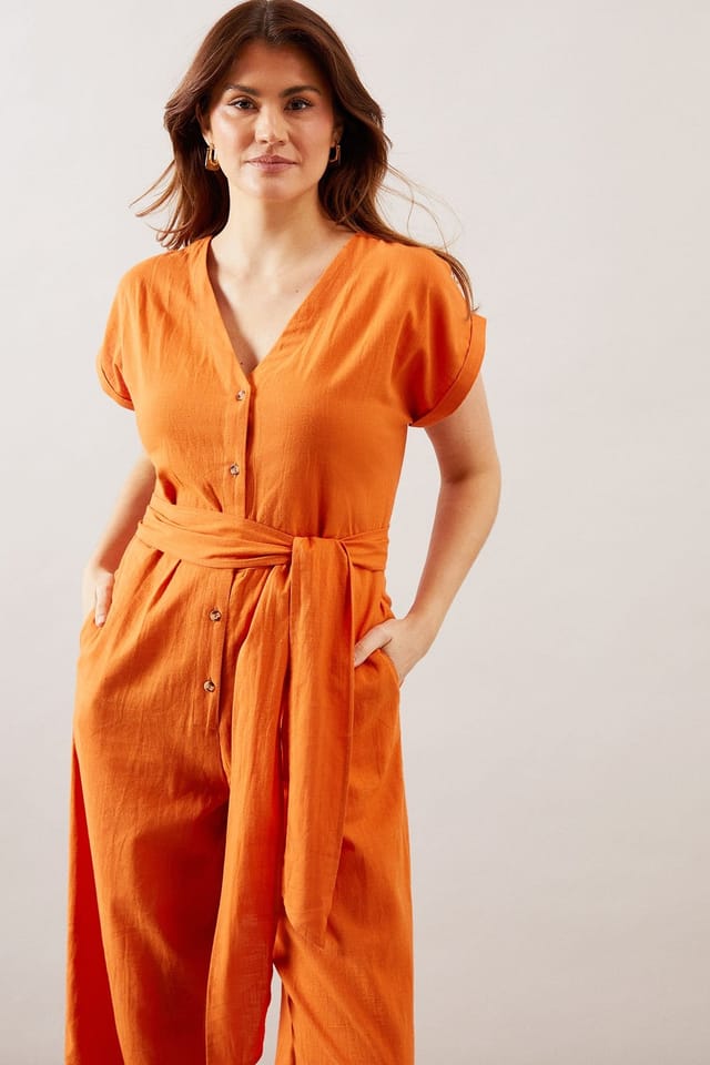 Wallis Wallis Women's Summer Cotton Button Jumpsuit in Rust - 2
