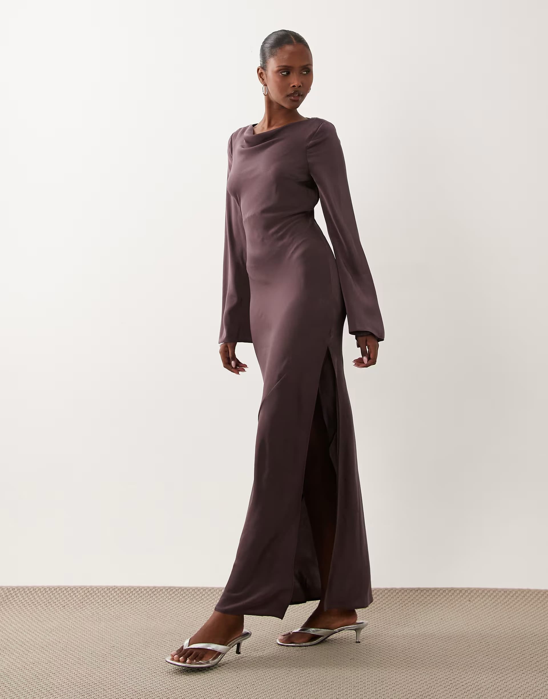 ASOS ASOS DESIGN satin maxi dress with flute sleeves in marble raisin brown