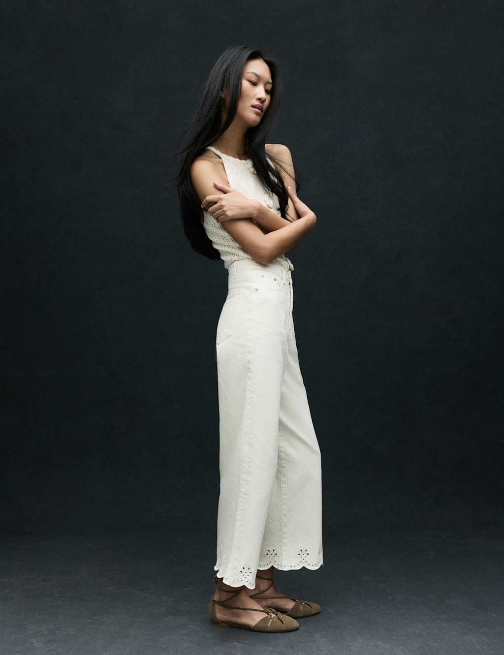 Marks & Spencer M&S High Waisted Broderie Wide Leg Cropped Jeans Soft White