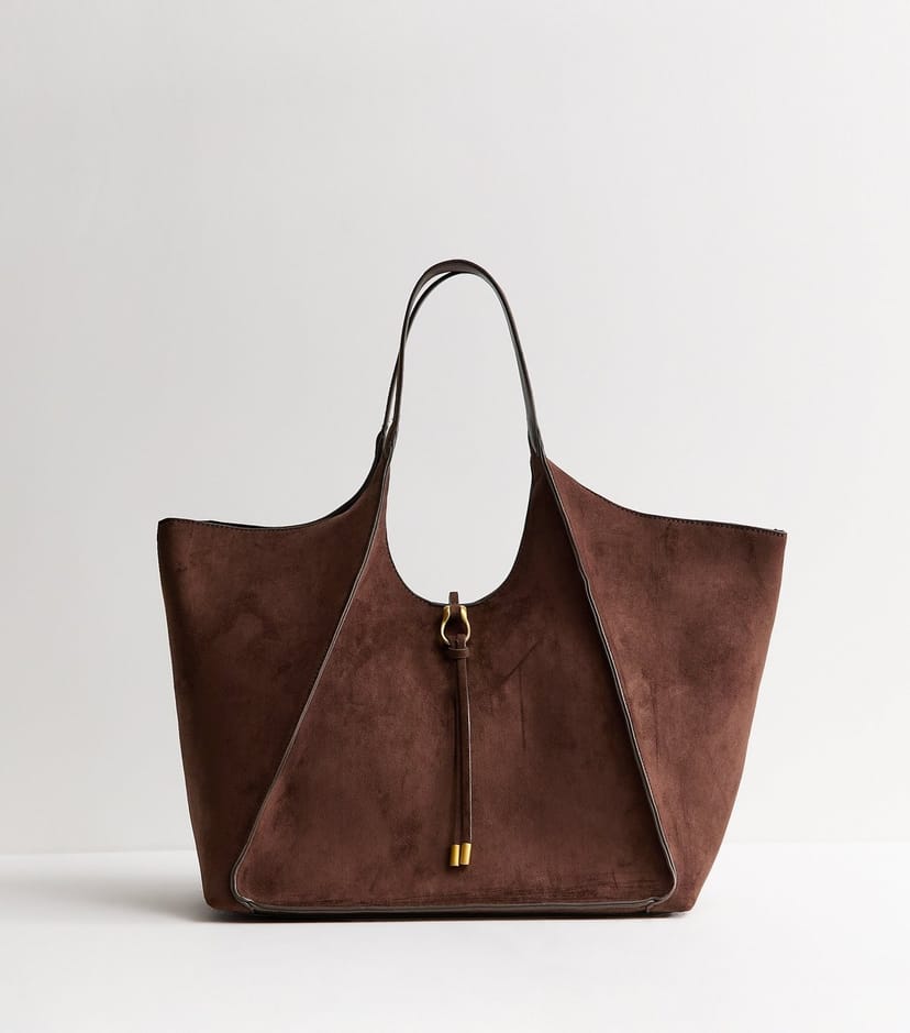 New Look Dark Brown Faux Suede Exposed Seam Tote Bag Vegan New Look - 1