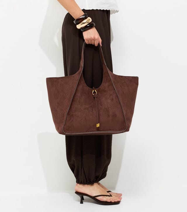 New Look Dark Brown Faux Suede Exposed Seam Tote Bag Vegan New Look - 2
