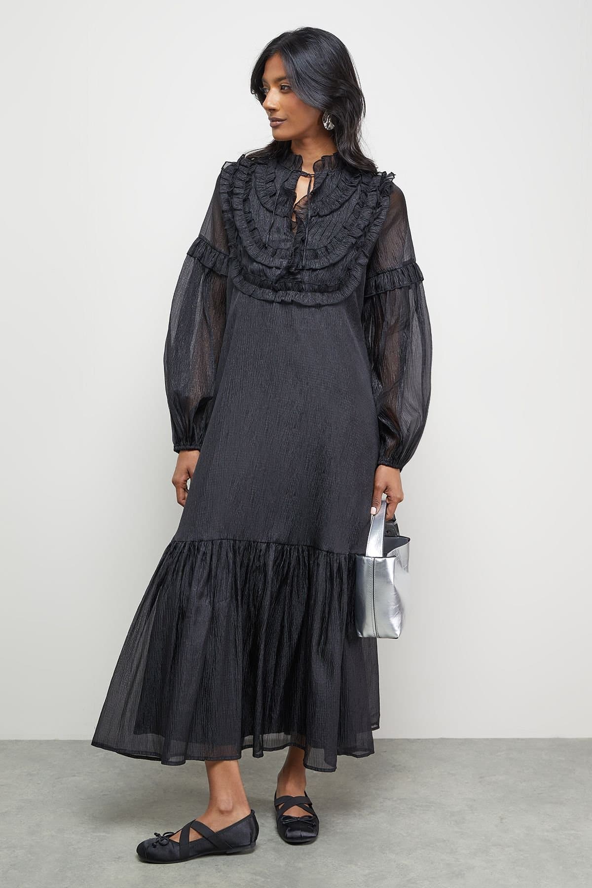 Warehouse Warehouse Women's Premium Crinkle Stripe Organza Frill Pleat Detail Midi Dress in Black