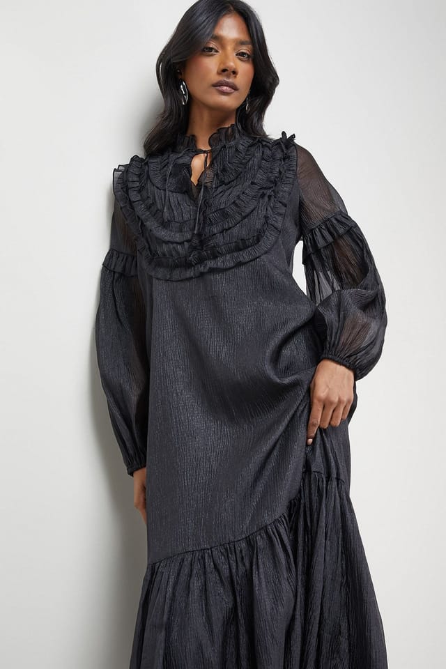Warehouse Warehouse Women's Premium Crinkle Stripe Organza Frill Pleat Detail Midi Dress in Black - 2