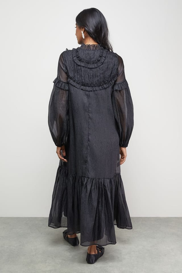 Warehouse Warehouse Women's Premium Crinkle Stripe Organza Frill Pleat Detail Midi Dress in Black - 3