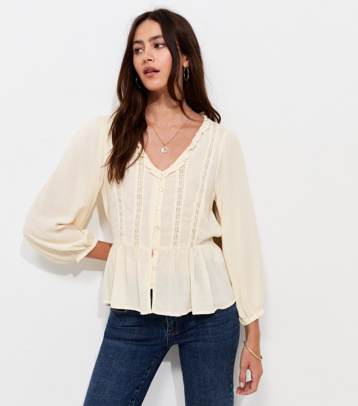 New Look Cream Lace Trim Cropped Sleeve Peplum Blouse