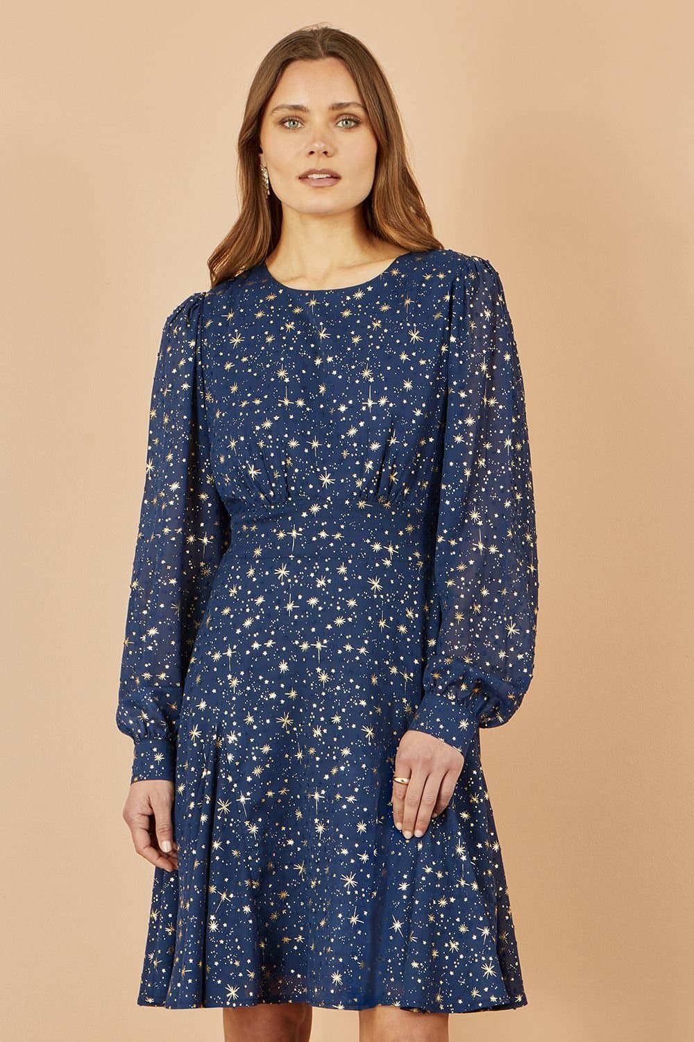 Yumi Yumi Women's Navy Star Print Foil Long Sleeve Dress
